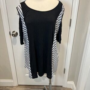 Bi Fang Black White Stripe Cold Shoulder Tunic Top Plus Size 5XL